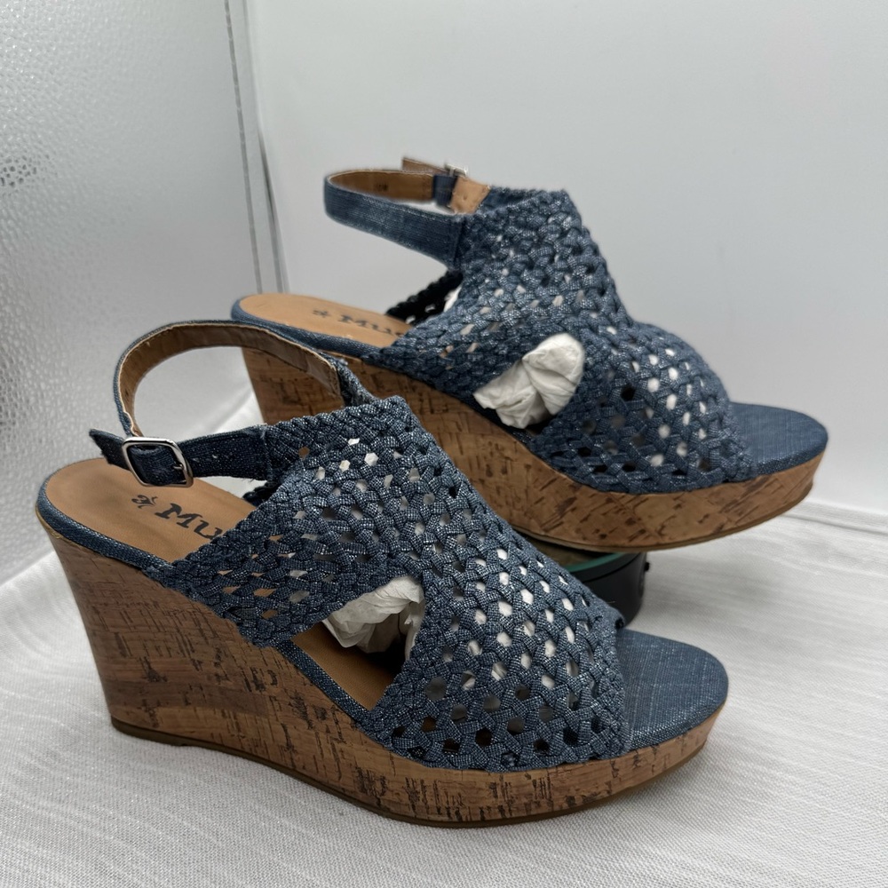 Mudd Heels denim look Woven Strappy Slingback Blue silver Cork Wedge open toe 10
